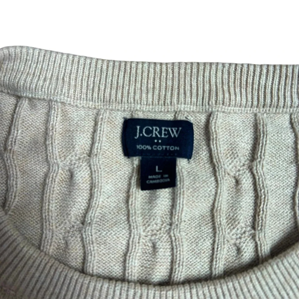 J. Crew Mens Large Beige Cotton Cable Knit Crewneck Sweater Preppy Fisherman